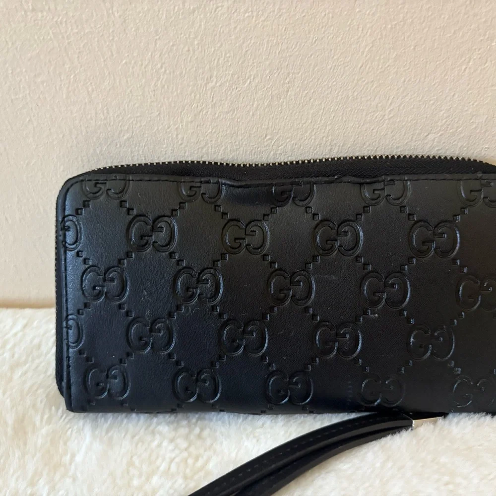 Black Leather Zip-Around Wallet with Signature Web Stripe